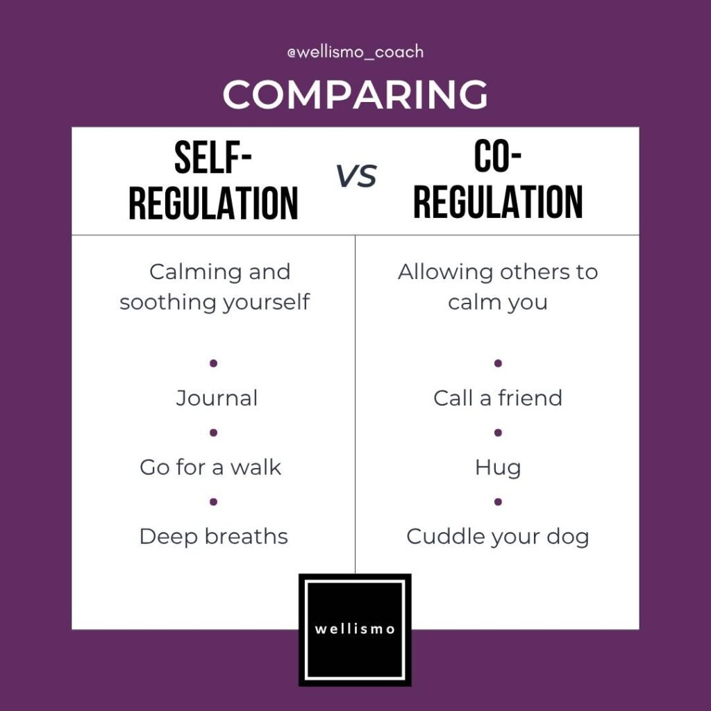 Self-regulation vs co-regulation calming methods comparison chart.