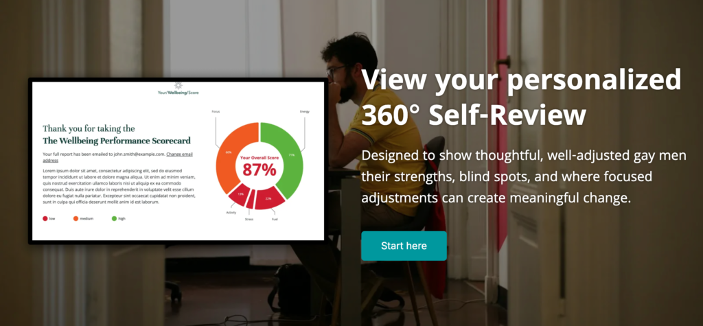 Personalized 360° self-review dashboard on screen.